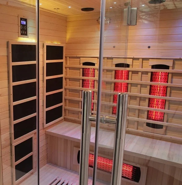 Sauna Seco Infrarrojo • Tres Personas • 150x120x190 cm • Panel de Control Digital • Sistema Audio Bluetooth • Luz Estelar 7 Colores • 2100W