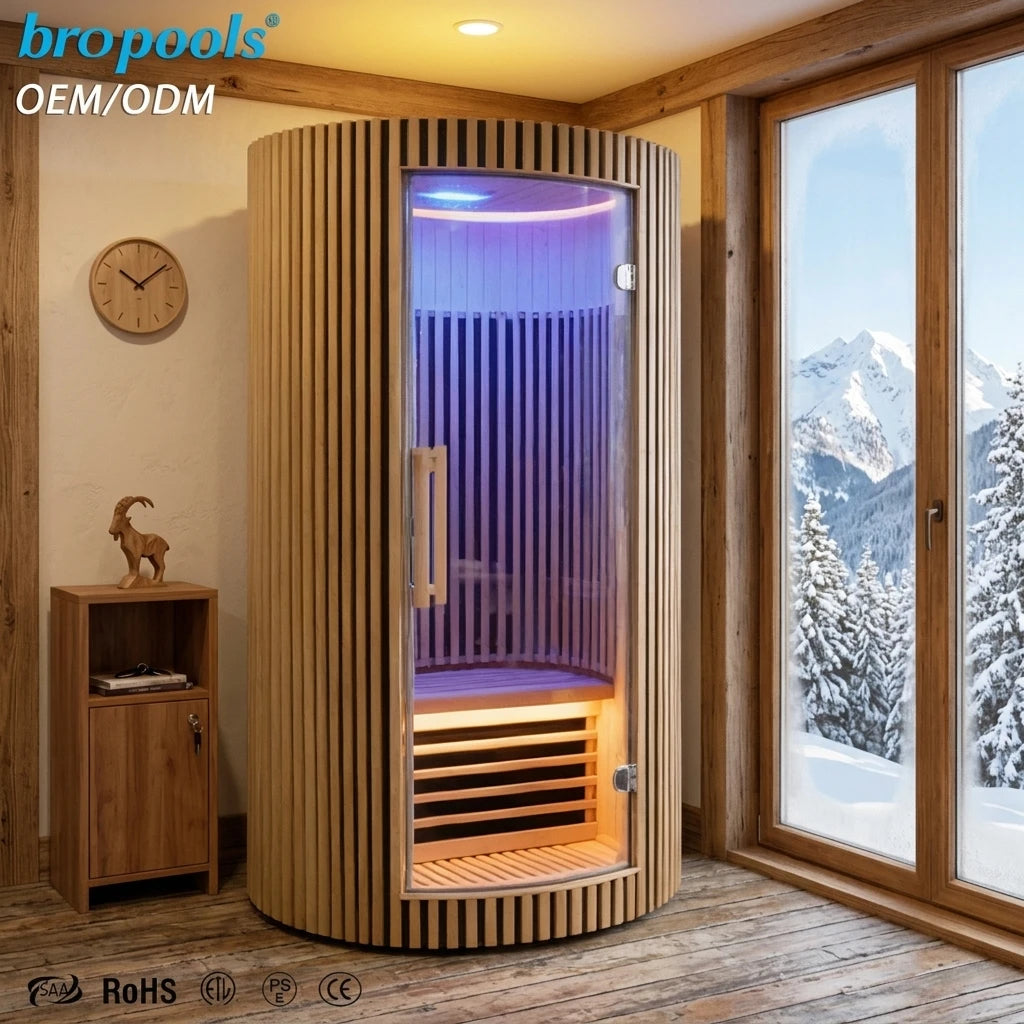 Sauna Seco Infrarrojo Redondo Premium • 1 Persona • 102x102x195 cm • Panel de Control Digital • Sistema Audio Bluetooth • Luz Estelar 7 Colores • 1590W