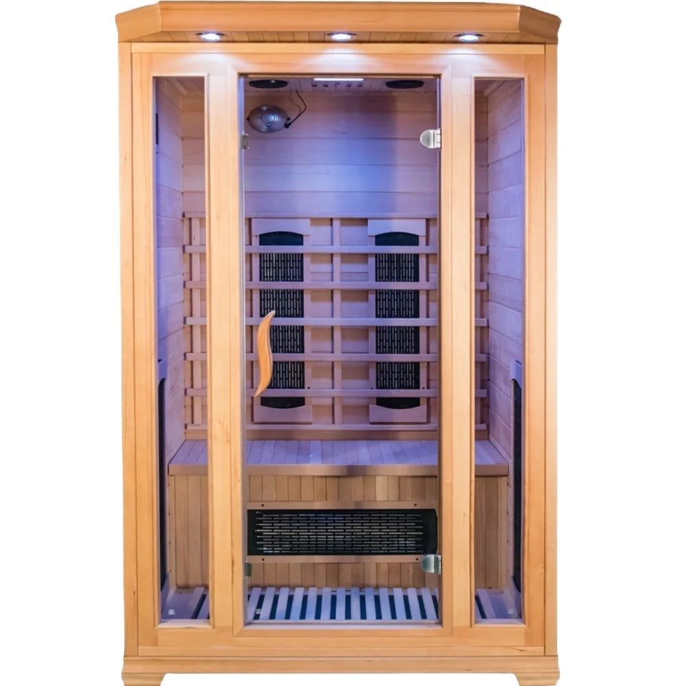 Sauna Seco Infrarrojo • Dos Personas • 120x105x190 cm • Panel de Control Digital • Sistema Audio Bluetooth • Luz Estelar 7 Colores • 1750W