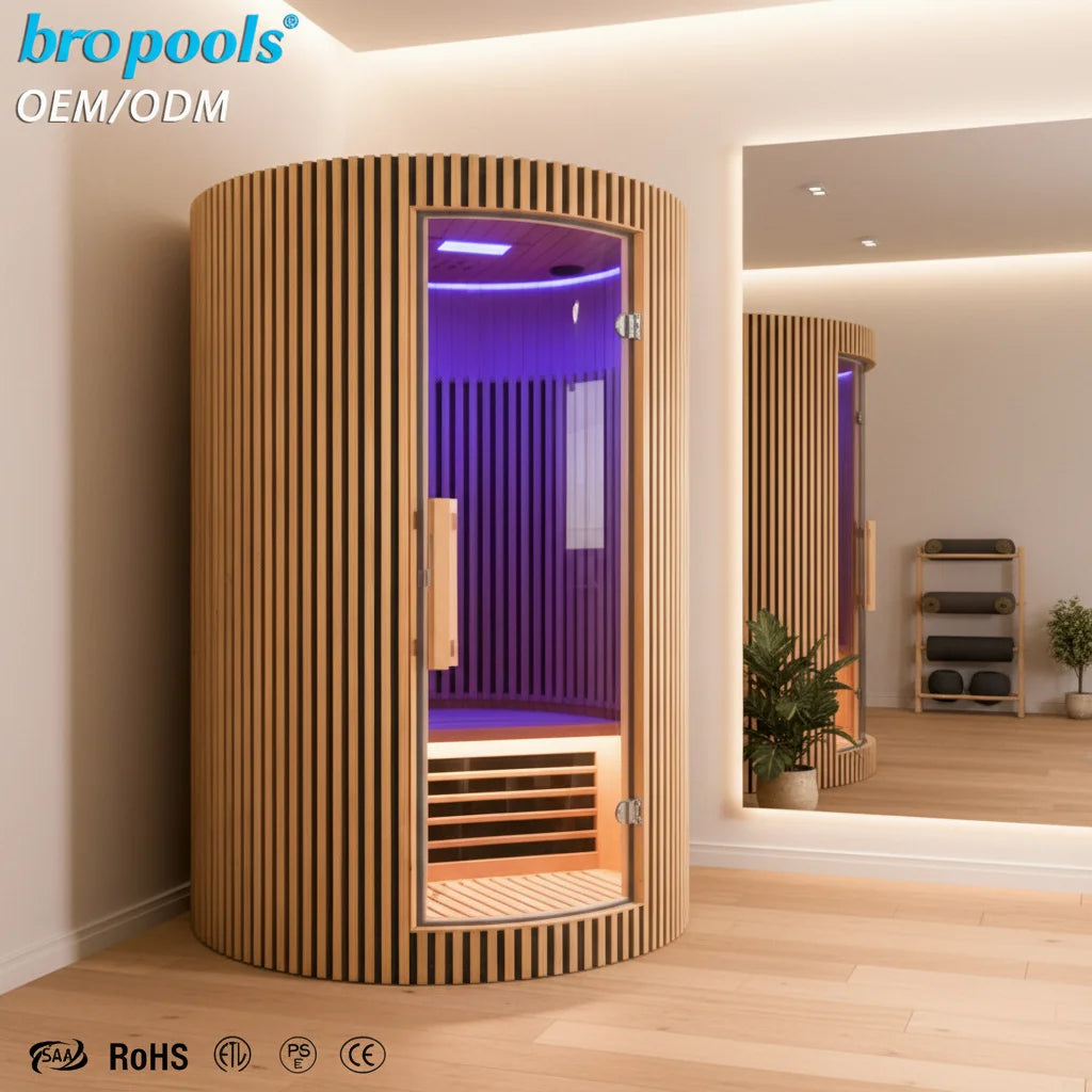 Sauna Seco Infrarrojo Redondo Premium • 2 Personas • 172x172x195 cm • Panel de Control Digital • Sistema Audio Bluetooth • Luz Estelar 7 Colores • 1590W