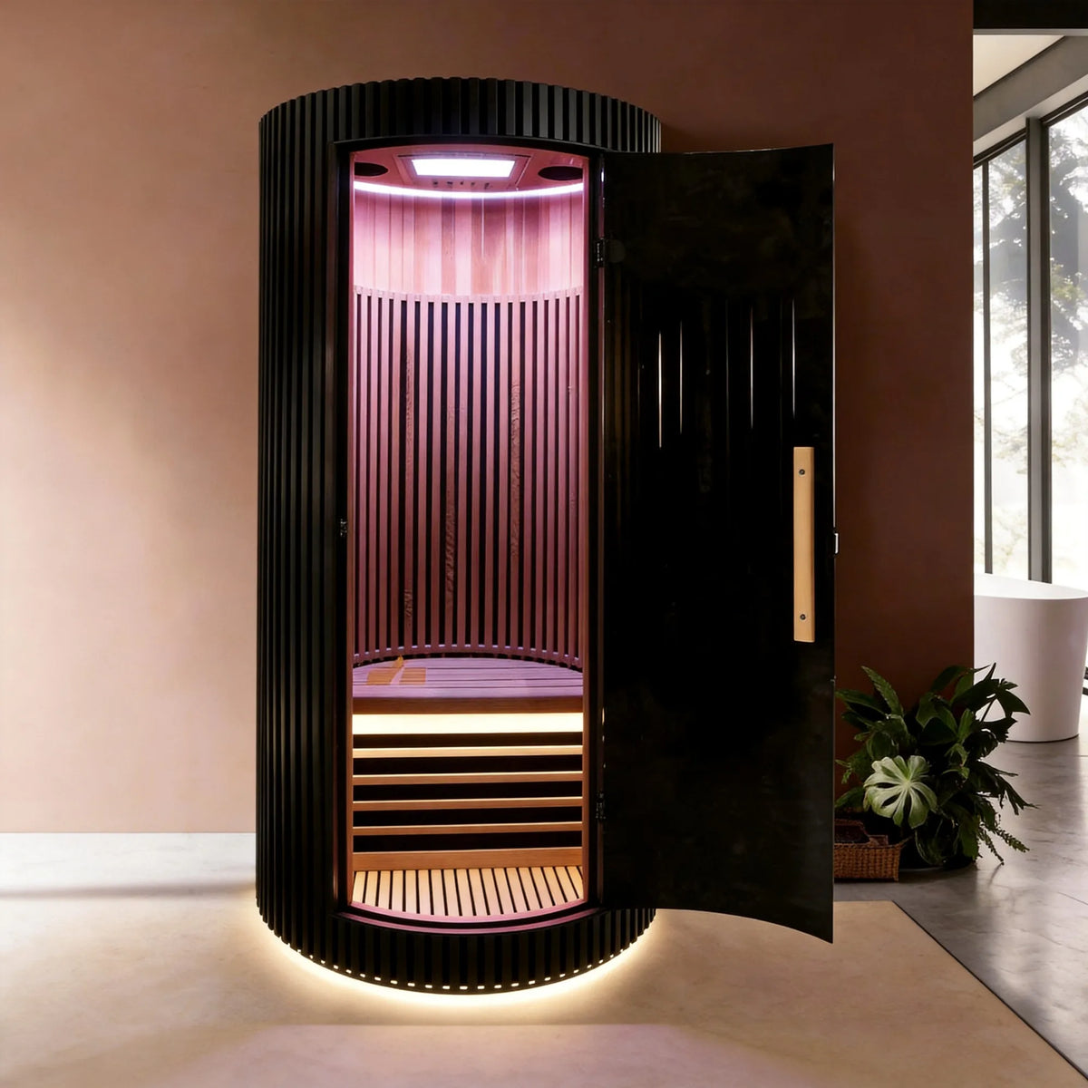 Sauna Infrarrojo NORDIK • PREMIUM • 1 Persona • 102x102x195 cm • Panel de Control Digital • Sistema Audio Bluetooth • Luz RGB • 1590W