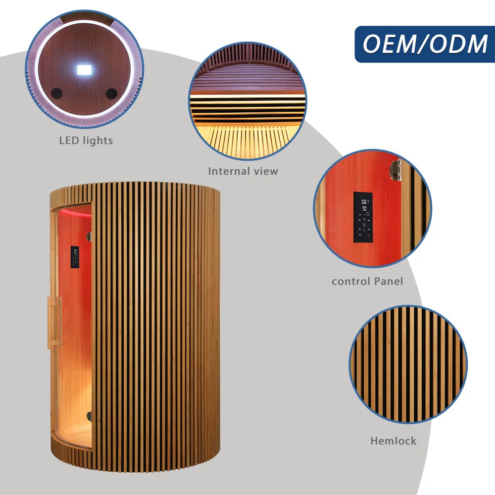 Sauna Seco Infrarrojo Redondo Premium • 2 Personas • 172x172x195 cm • Panel de Control Digital • Sistema Audio Bluetooth • Luz Estelar 7 Colores • 1590W