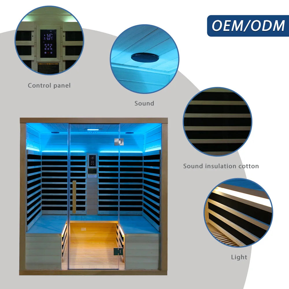 Sauna Seco Infrarrojo Premium • 4 Personas • 250x250x195 cm • Panel de Control Digital • Sistema Audio Bluetooth • Luz Estelar 7 Colores • 3590W