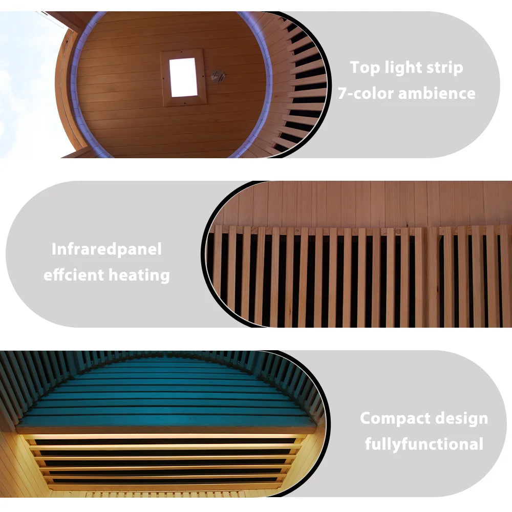 Sauna Seco Infrarrojo Redondo Premium • 2 Personas • 172x172x195 cm • Panel de Control Digital • Sistema Audio Bluetooth • Luz Estelar 7 Colores • 1590W