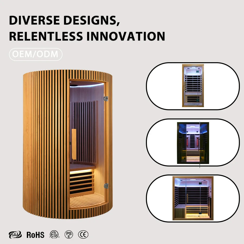 Sauna Seco Infrarrojo Redondo Premium • 2 Personas • 172x172x195 cm • Panel de Control Digital • Sistema Audio Bluetooth • Luz Estelar 7 Colores • 1590W