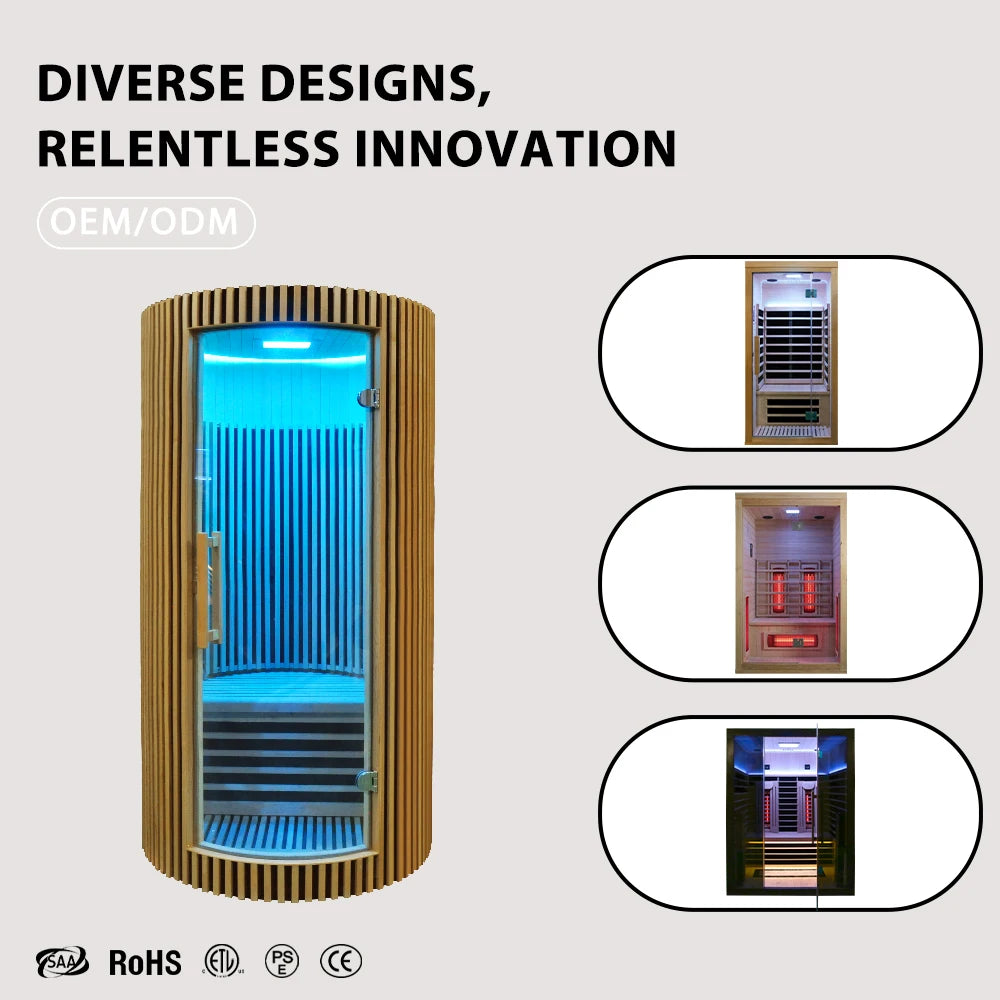 Sauna Seco Infrarrojo Redondo Premium • 1 Persona • 102x102x195 cm • Panel de Control Digital • Sistema Audio Bluetooth • Luz Estelar 7 Colores • 1590W