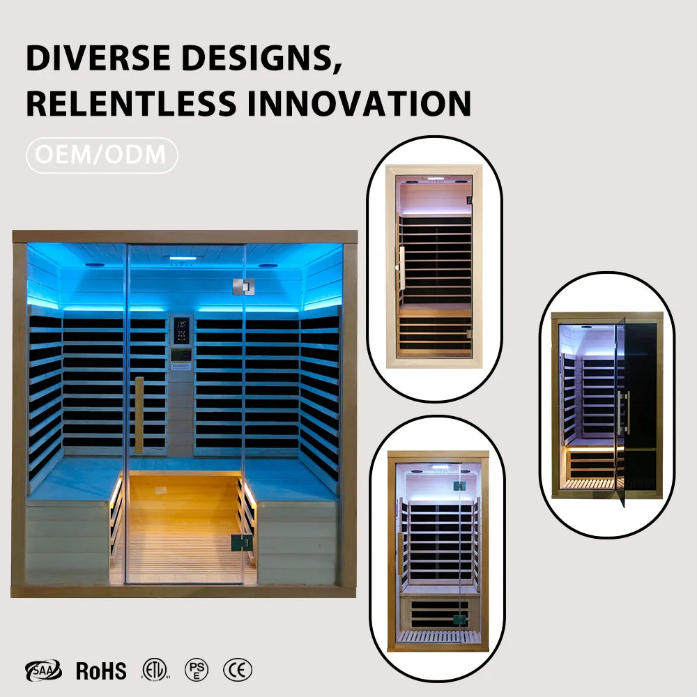 Sauna Seco Infrarrojo Premium • 4 Personas • 250x250x195 cm • Panel de Control Digital • Sistema Audio Bluetooth • Luz Estelar 7 Colores • 3590W